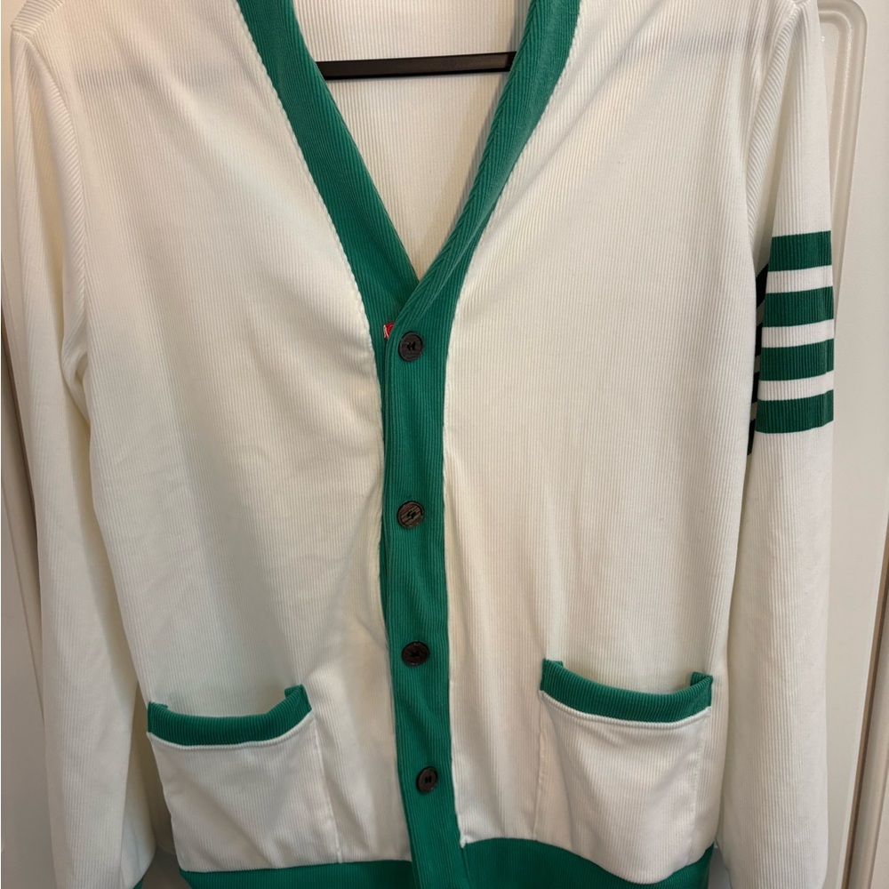 House Of Wallace Green and White Cardigan with Striped Sleeve